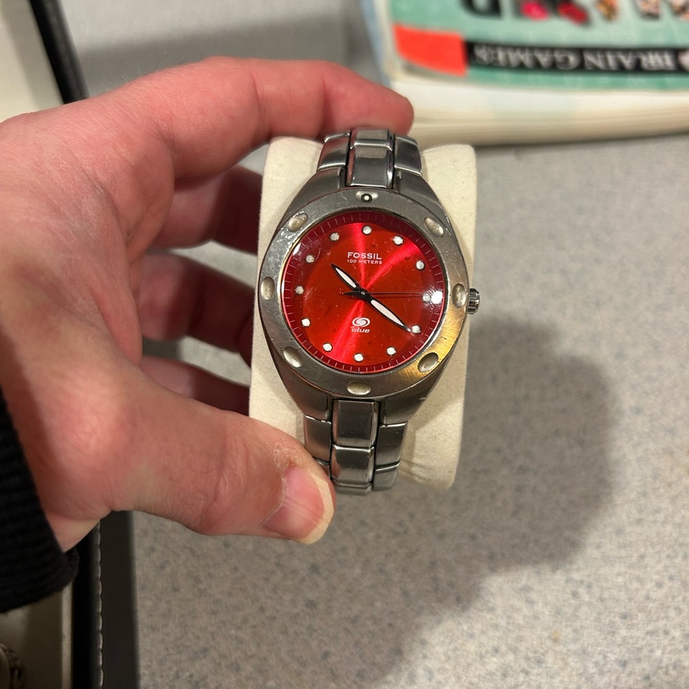Fossil Silver Watch with Vibrant Red Dial